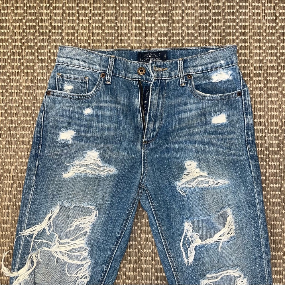 Lucky Brand High Rise Blue Jeans with Distressed Details